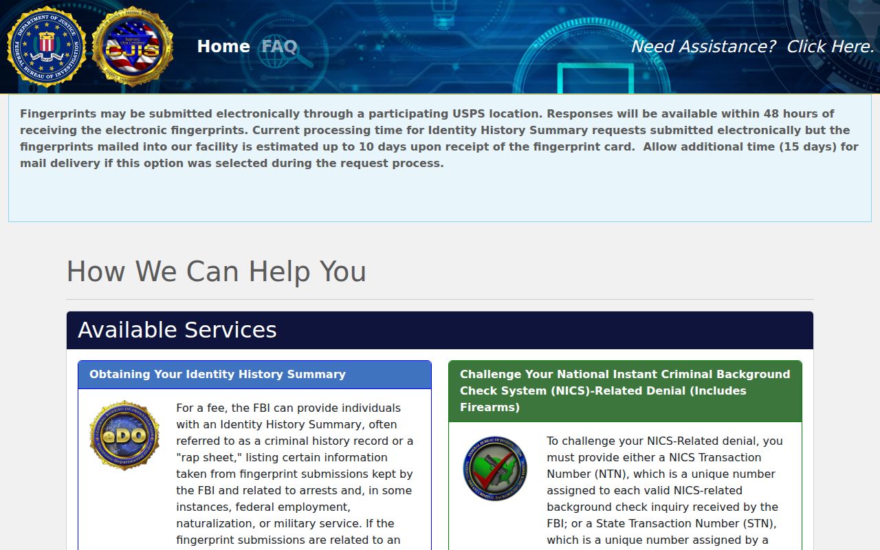 FBI electronic identity history request for a Doña Ana County arrest record review